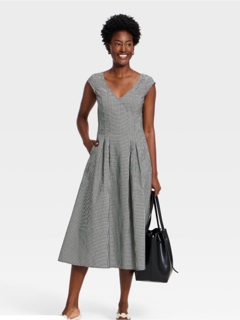 a new day Black and White Houndstooth V-Neck Cap Sleeve Midi Dress